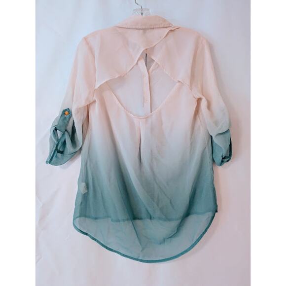 MNK, beige and aqua shear Ombre blouse, Open-Back Small NWT officesiren Y2K - Picture 5 of 7